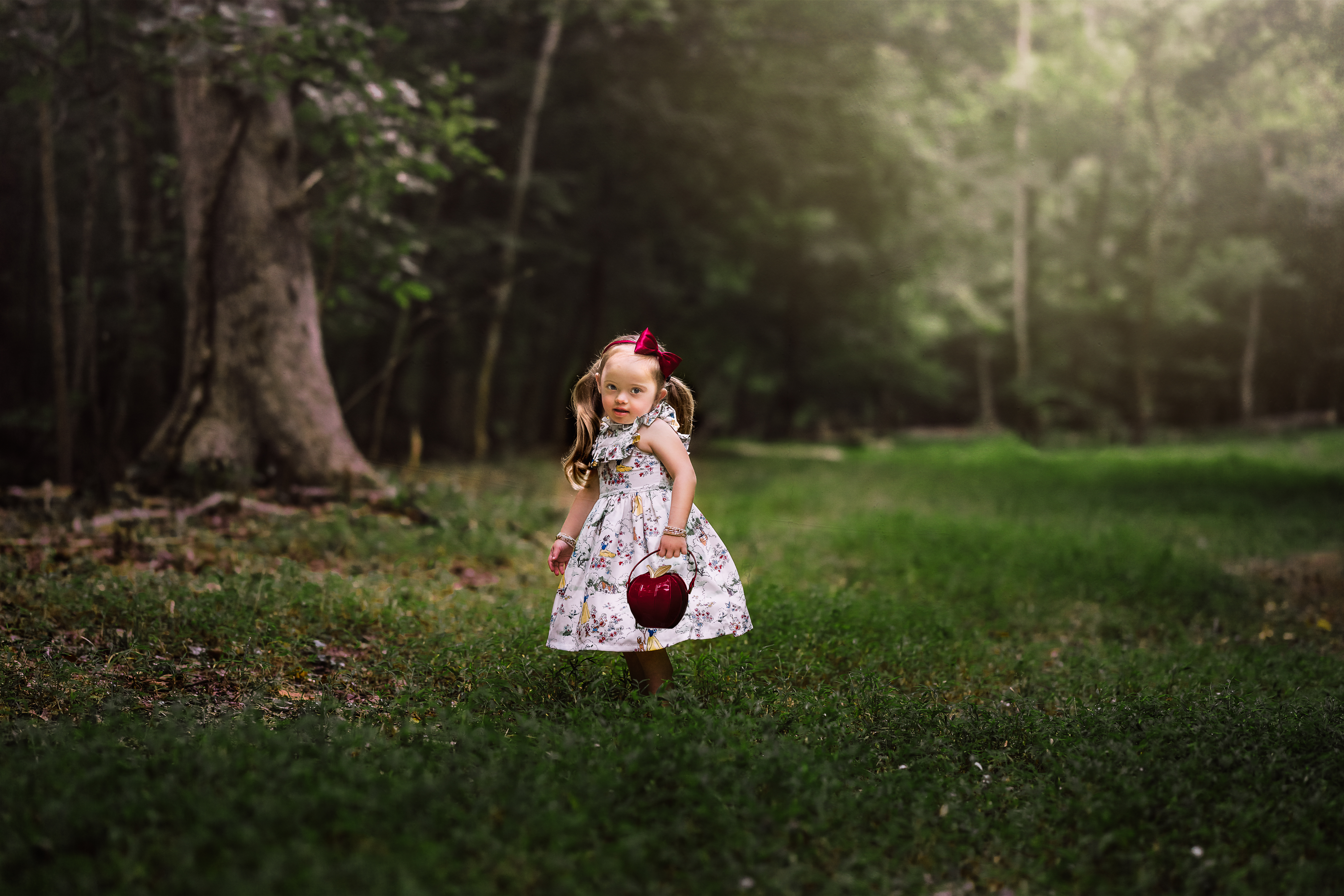 a little girl in the forest with an apple purse and pretty dress