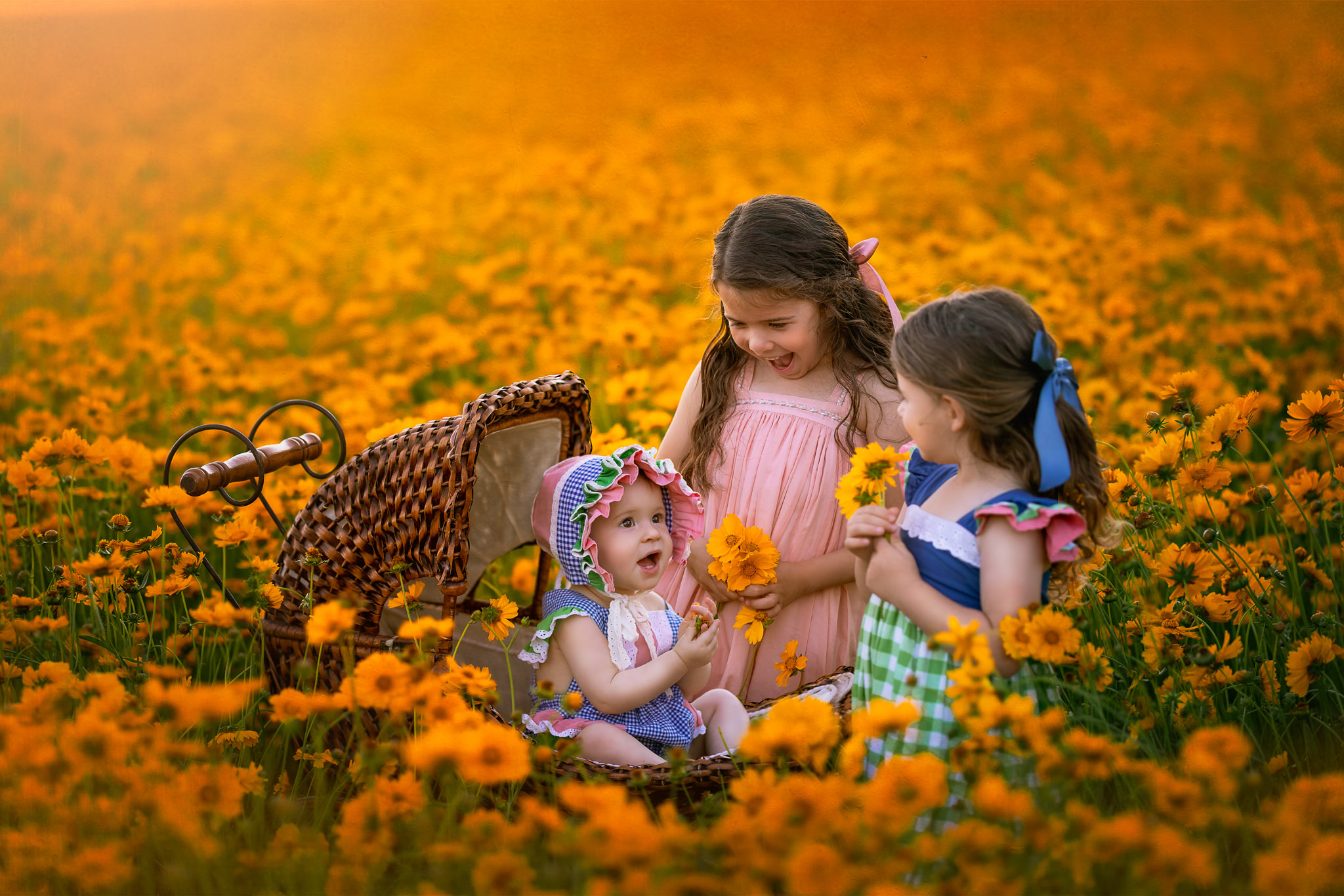 Two sisters pick flowers with their toddler baby sister sitting in a wicker carriage science safari