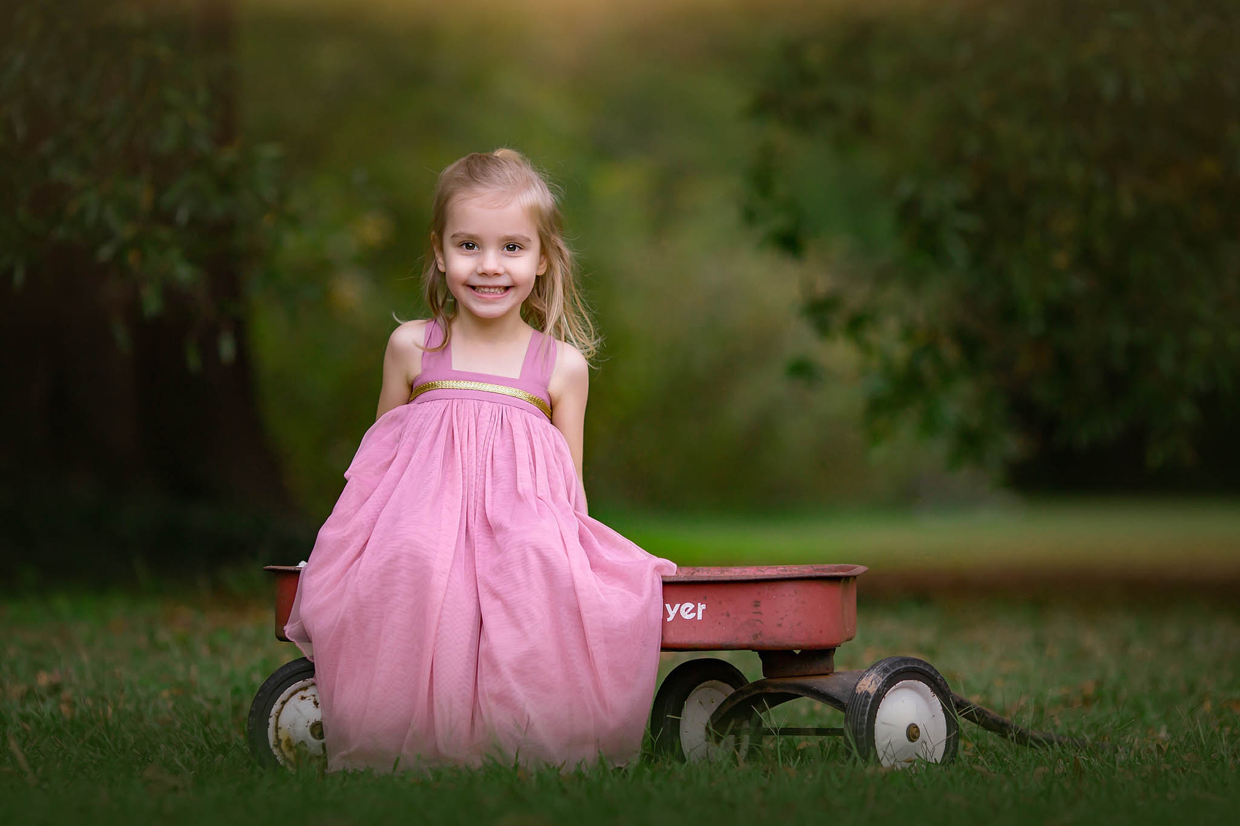 A young girl in a pink dress sits on the edge of a red vintage radio flyer wagon raleigh playgrounds