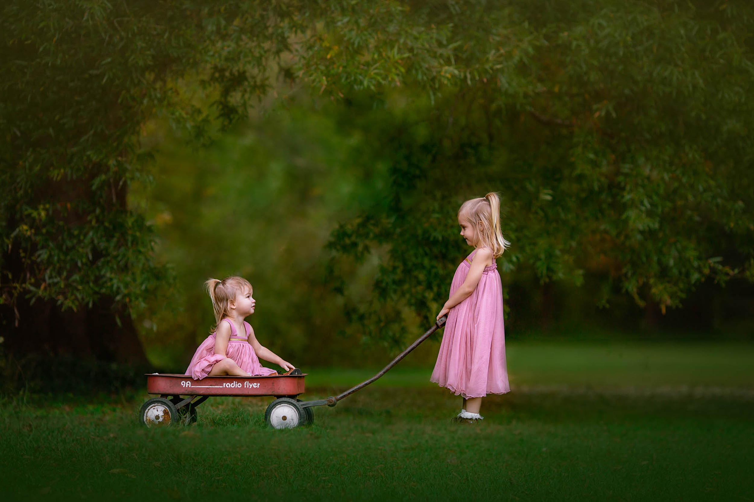 A young girl in a pink dress pulls her younger sister in a matching pink dress in a radio flyer wagon through a park raleigh playgrounds
