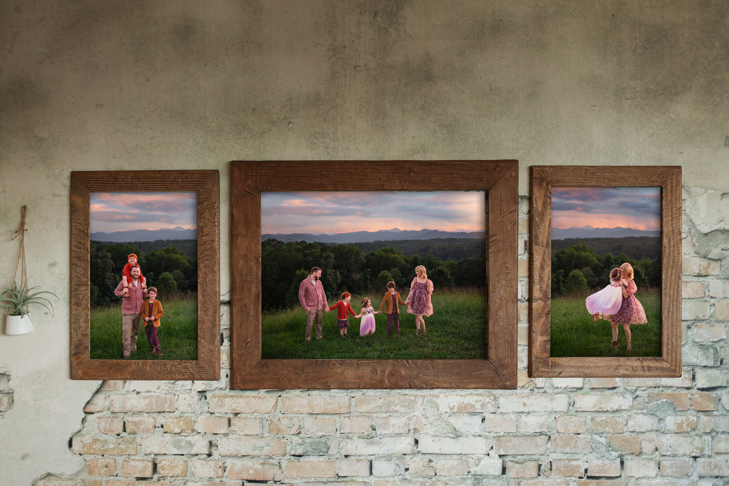 framed wall photos of a family on a beautiful mountain top
