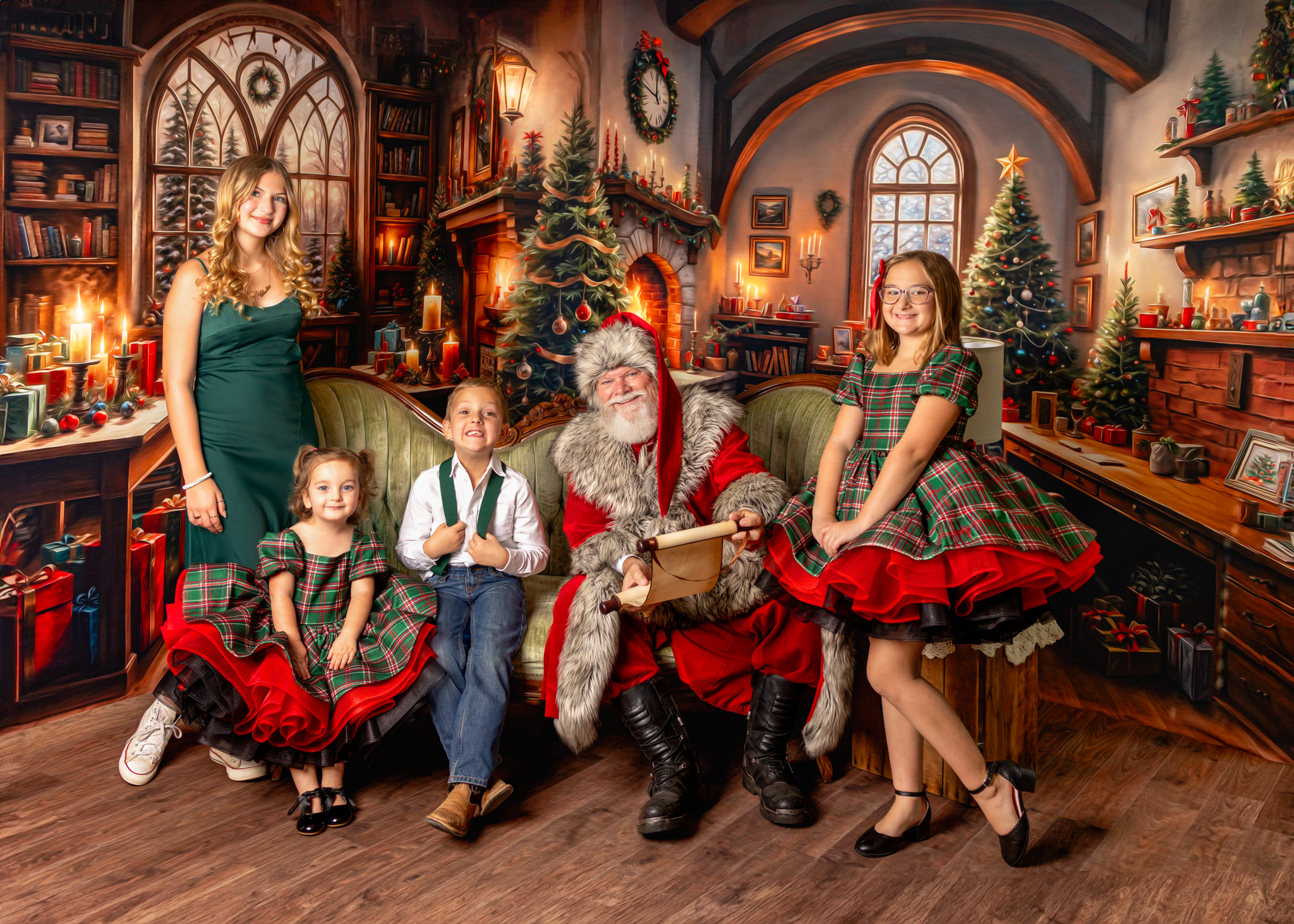 Child sharing Christmas wishes with Santa during a fine art Santa mini session near Raleigh, North Carolina.